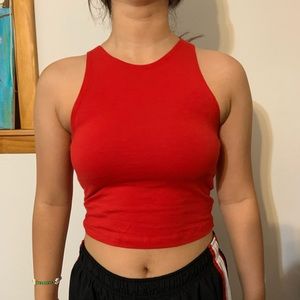 Red halter neck cropped shirt